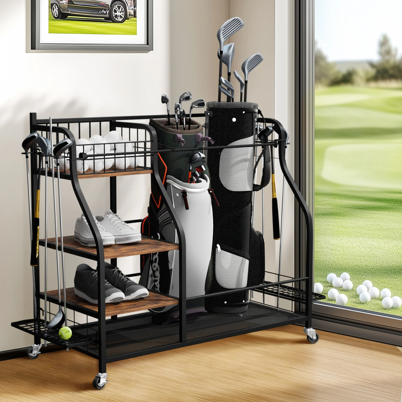 Sports Equipment Holder - Multifunctional Rolling Golf Bags Storage Shelf